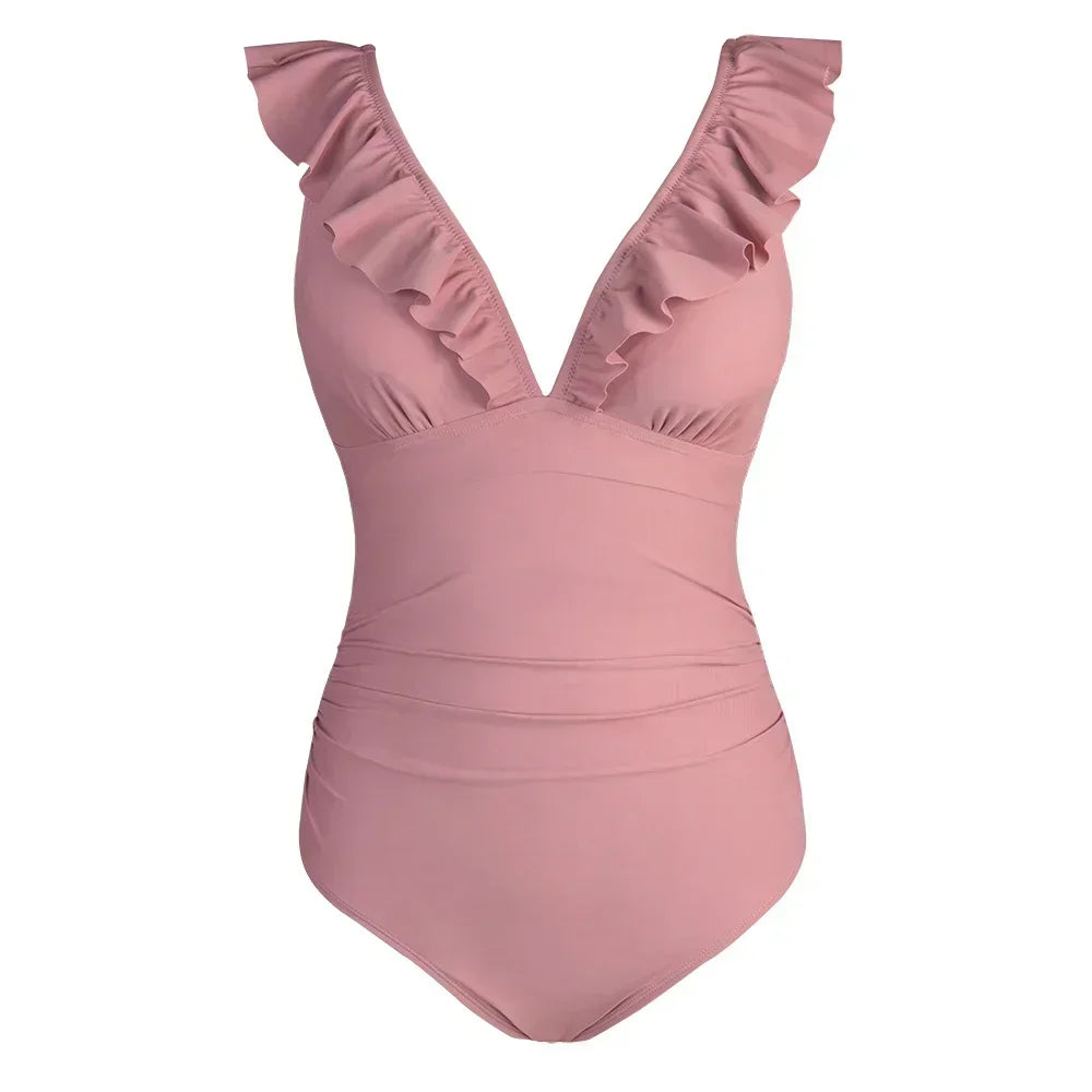 Ruffled V-neck Lace Up Monokini
