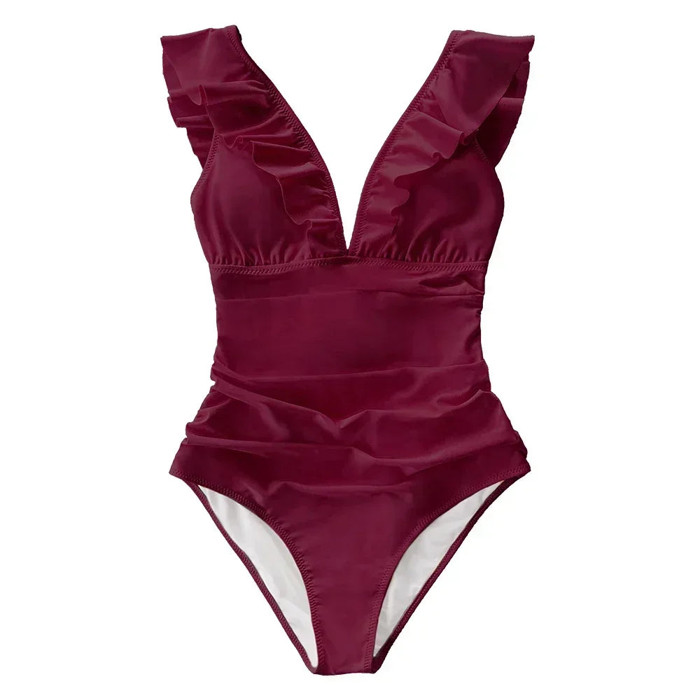 Ruffled V-neck Lace Up Monokini