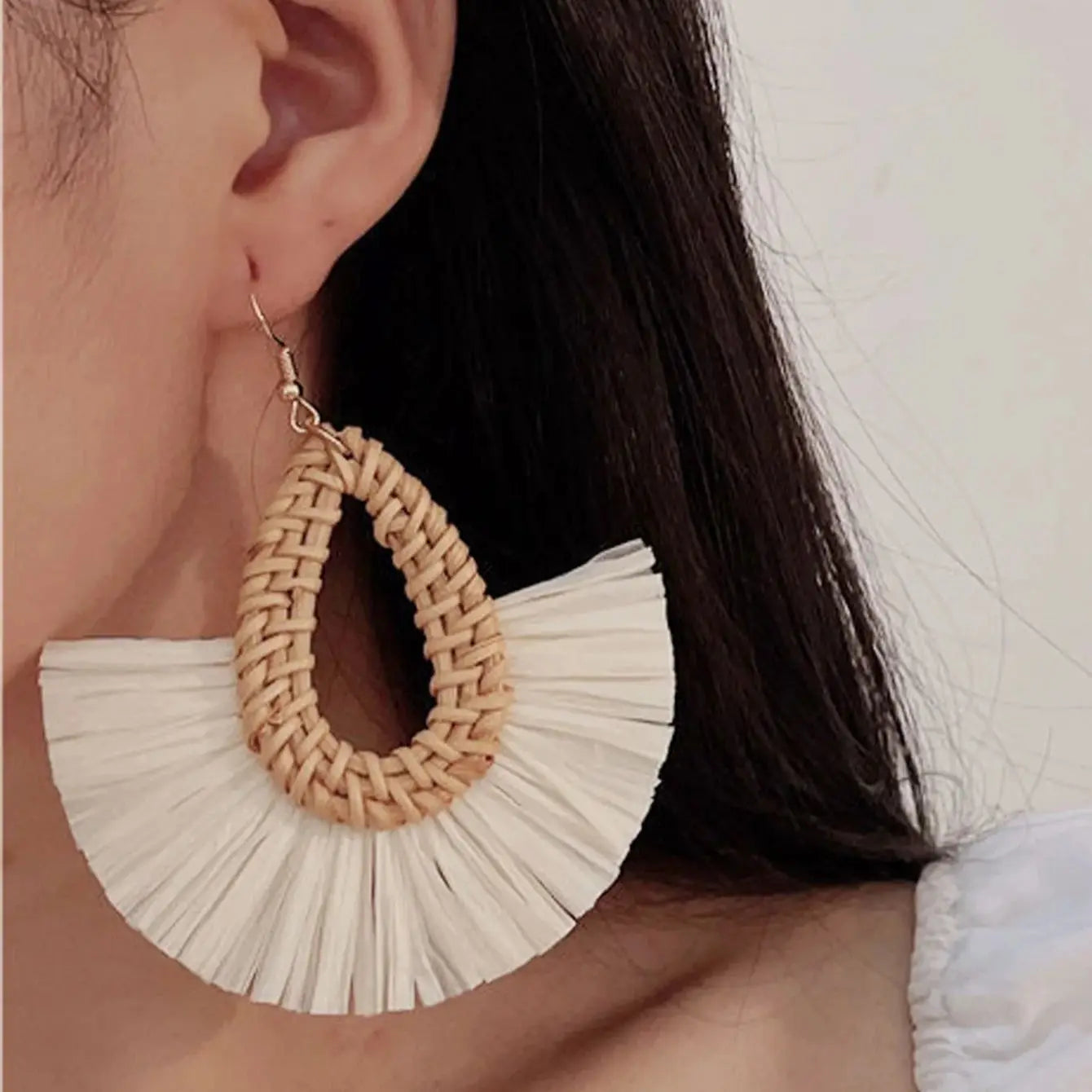 Rattan Raffia Tassel Pendant Earrings