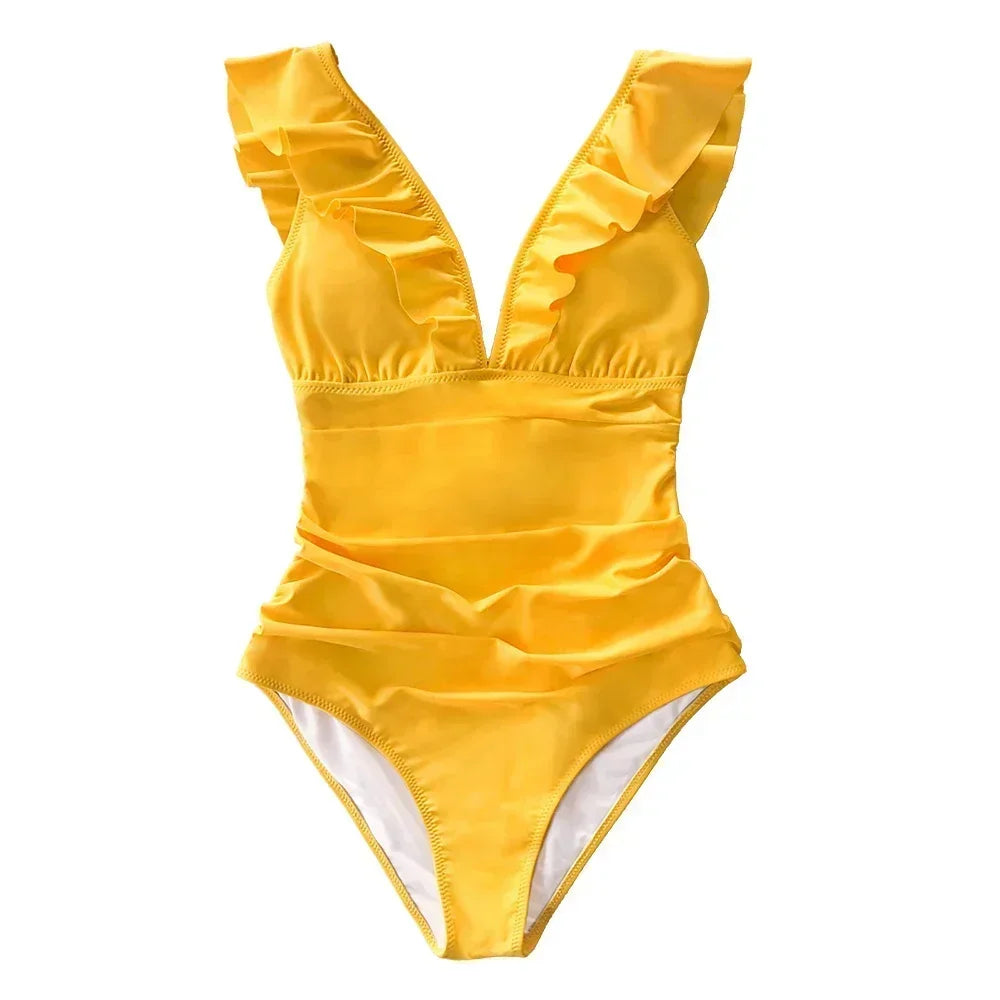 Ruffled V-neck Lace Up Monokini