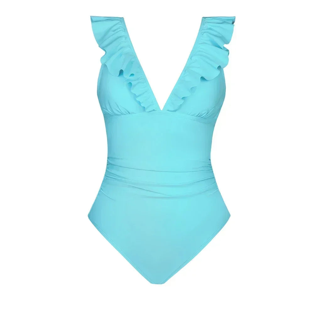 Ruffled V-neck Lace Up Monokini