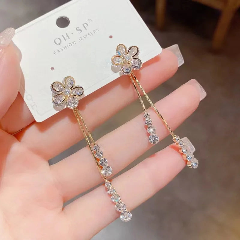 Korean Rhinestone Flower Drop Earrings