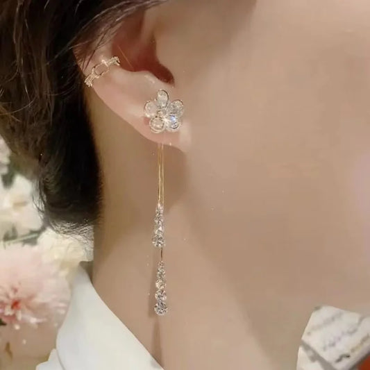 Korean Rhinestone Flower Drop Earrings