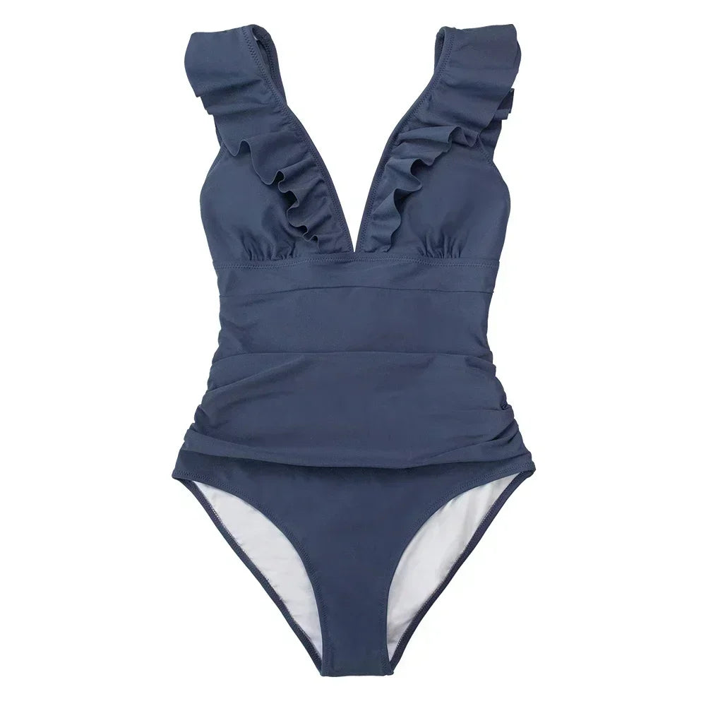 Ruffled V-neck Lace Up Monokini