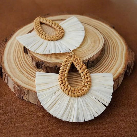 Rattan Raffia Tassel Pendant Earrings