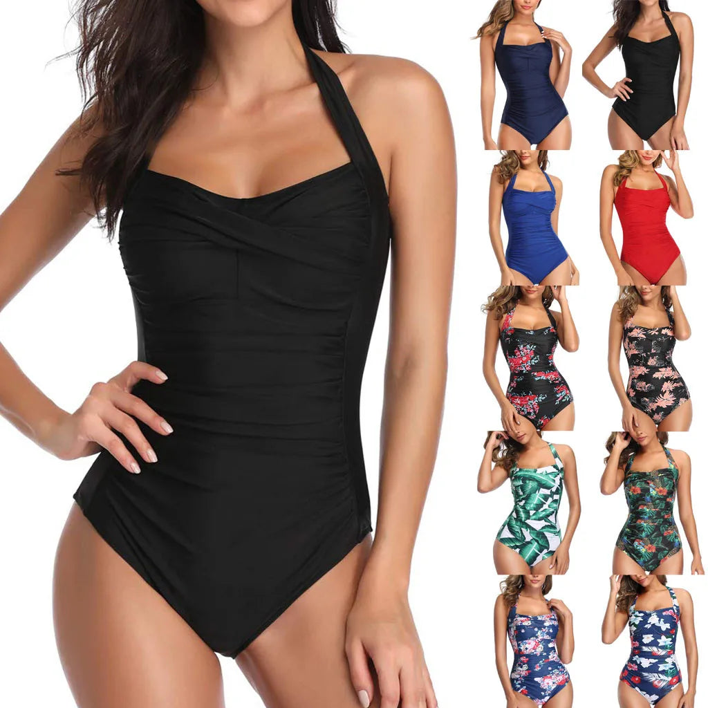 Leaf Print Square Neck One-Piece Swimsuit