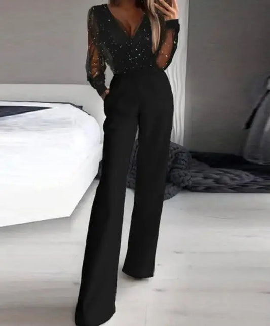 Black V-Neck Mesh Sequins Jumpsuit