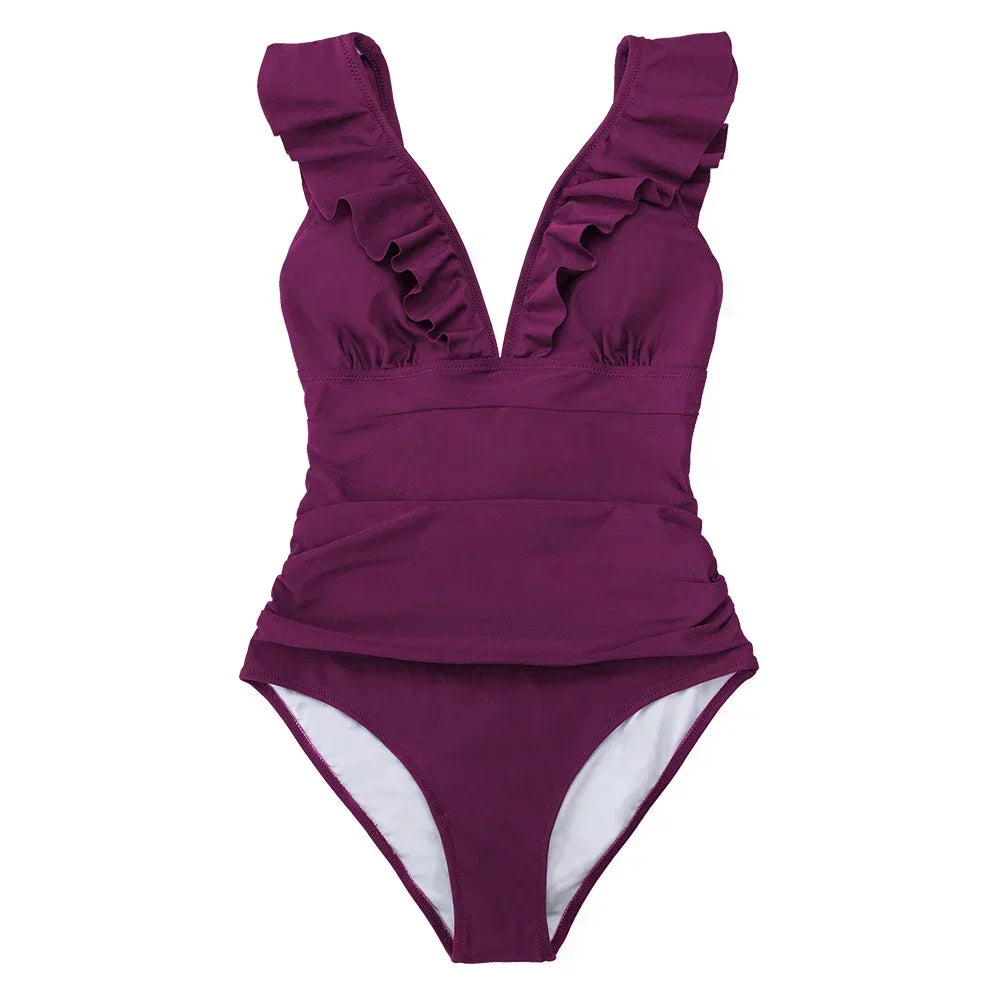 Ruffled V-neck Lace Up Monokini