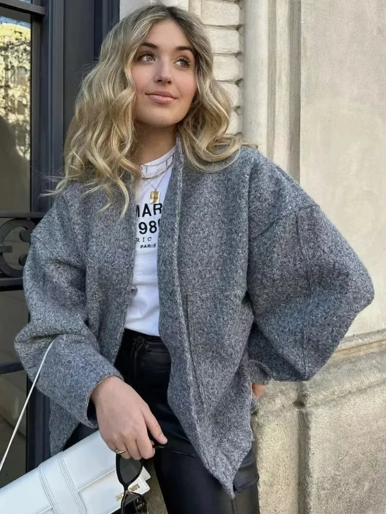 Oversized Autumn Bomber Jacket with Hidden Buttons